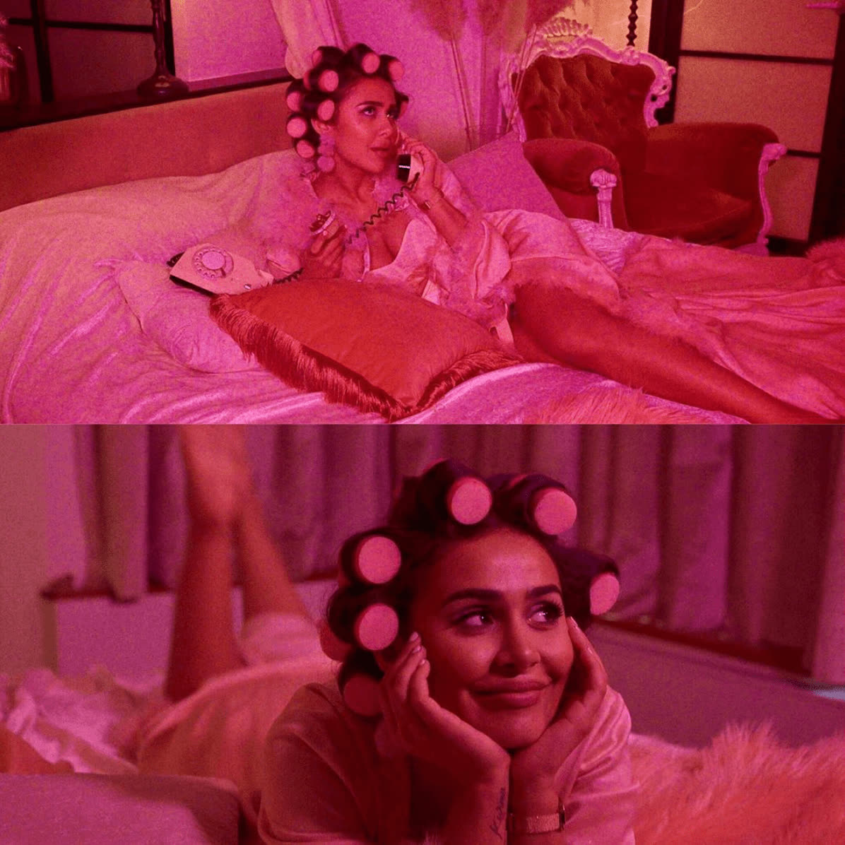 Pink-lit still with hair curlers