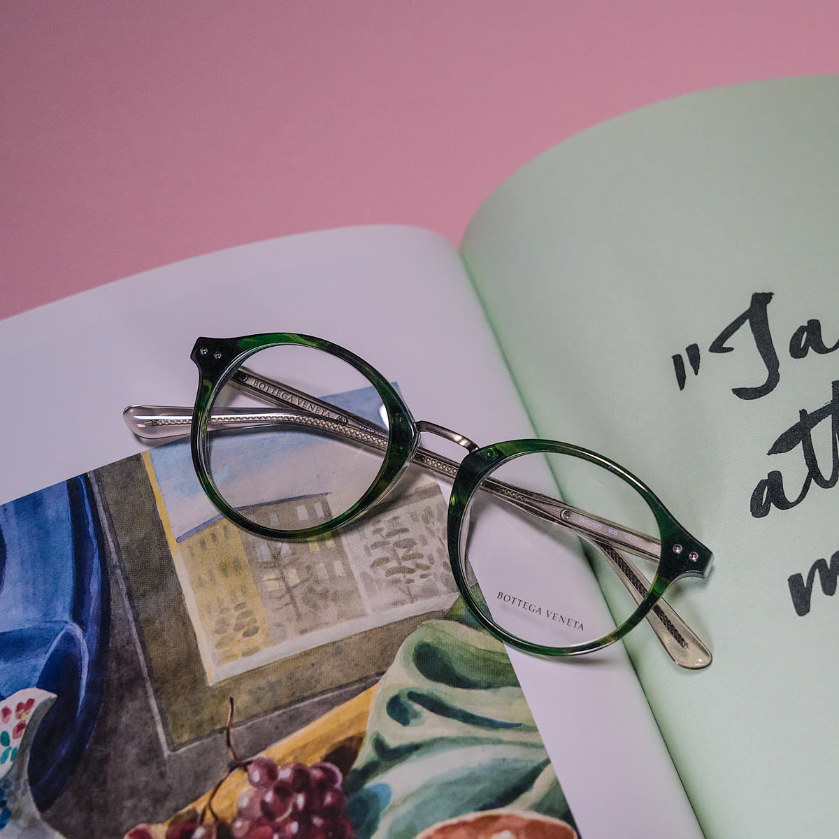 Bottega Veneta green frames on a book, Synsam campaign