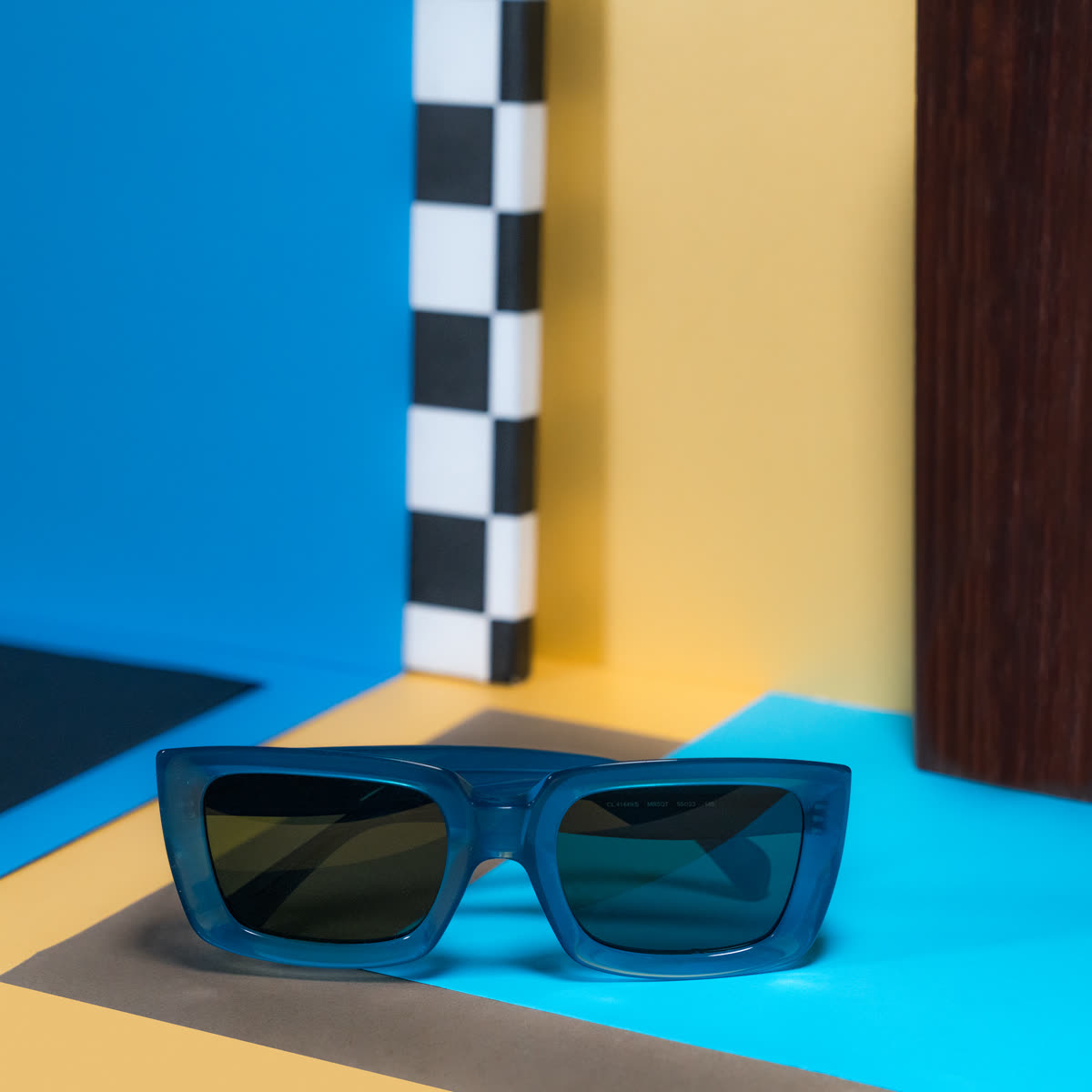Céline blue frames on colour blocks, Synsam campaign