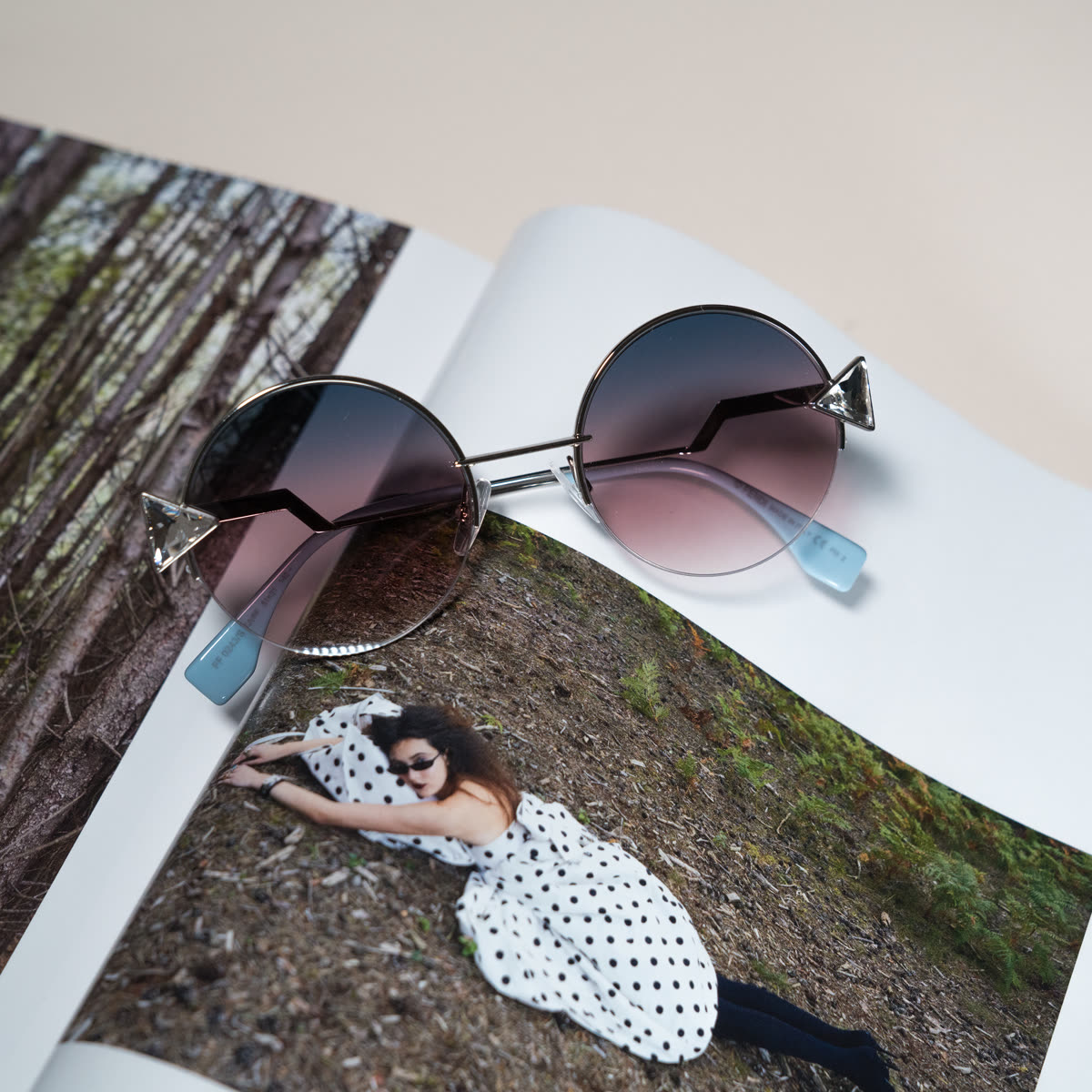 Fendi round frames on a magazine, Synsam campaign
