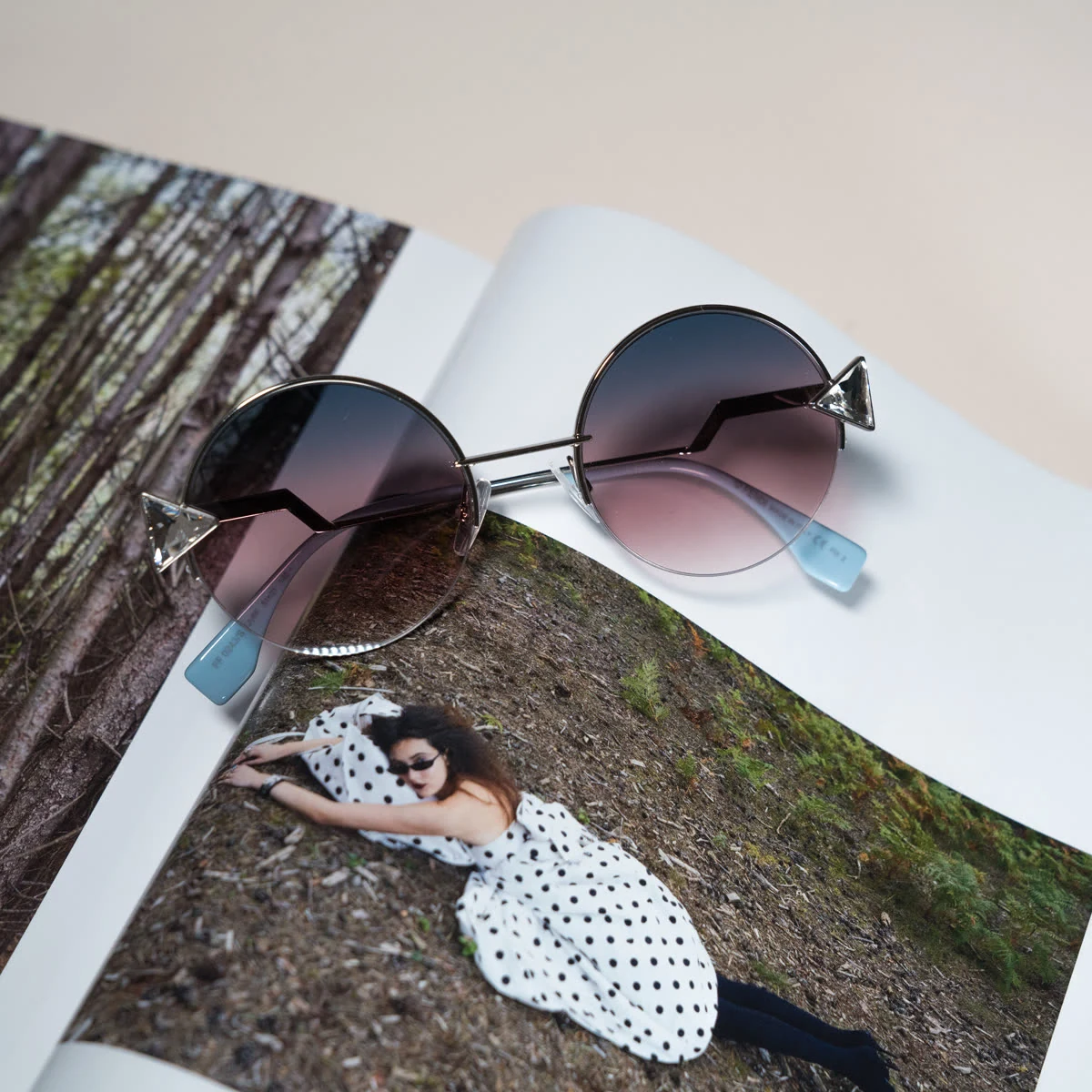 Fendi round frames on a magazine, Synsam campaign