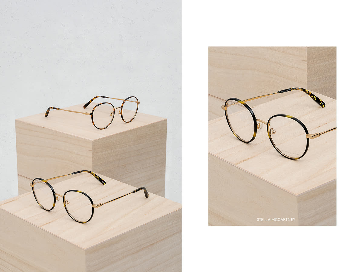 Stella McCartney frames on wood blocks, Synsam campaign