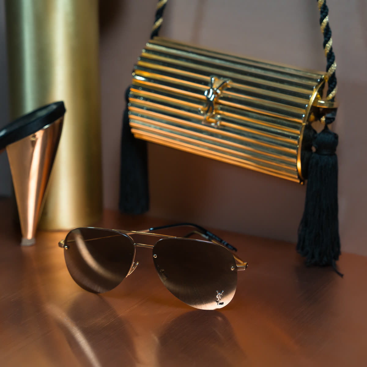Saint Laurent aviators in gold light, Synsam campaign